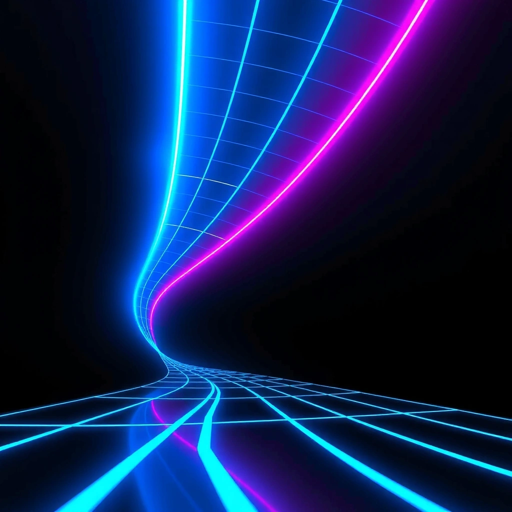 Abstract digital wireframe background with neon cyan light trails